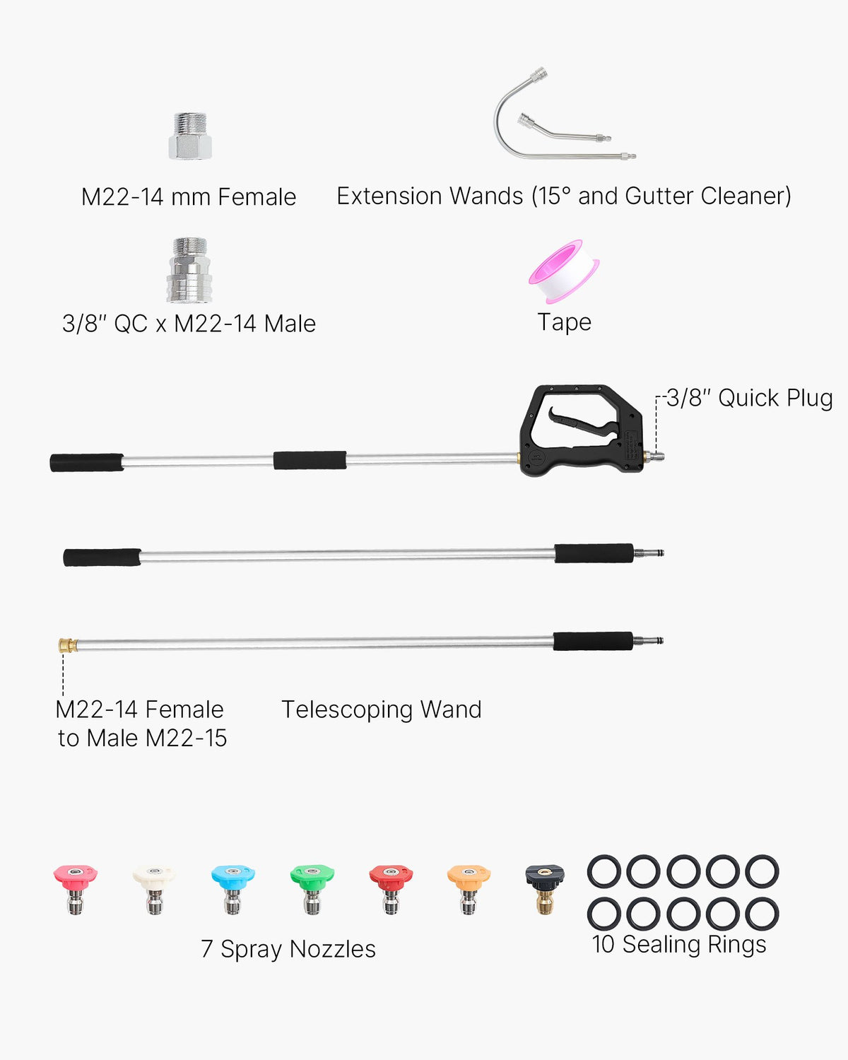 VEVOR 9 FT Pressure Washer Telescoping Wand, 3-Section with Power Washer Extension Wands, 7 Nozzles, Hose Adapter, Support Belt, Storage Bag, 4000 PSI Telescopic Gutter Cleaner for High Cleaning - DDSYZG30INCHRPGW8001V0 - view 8
