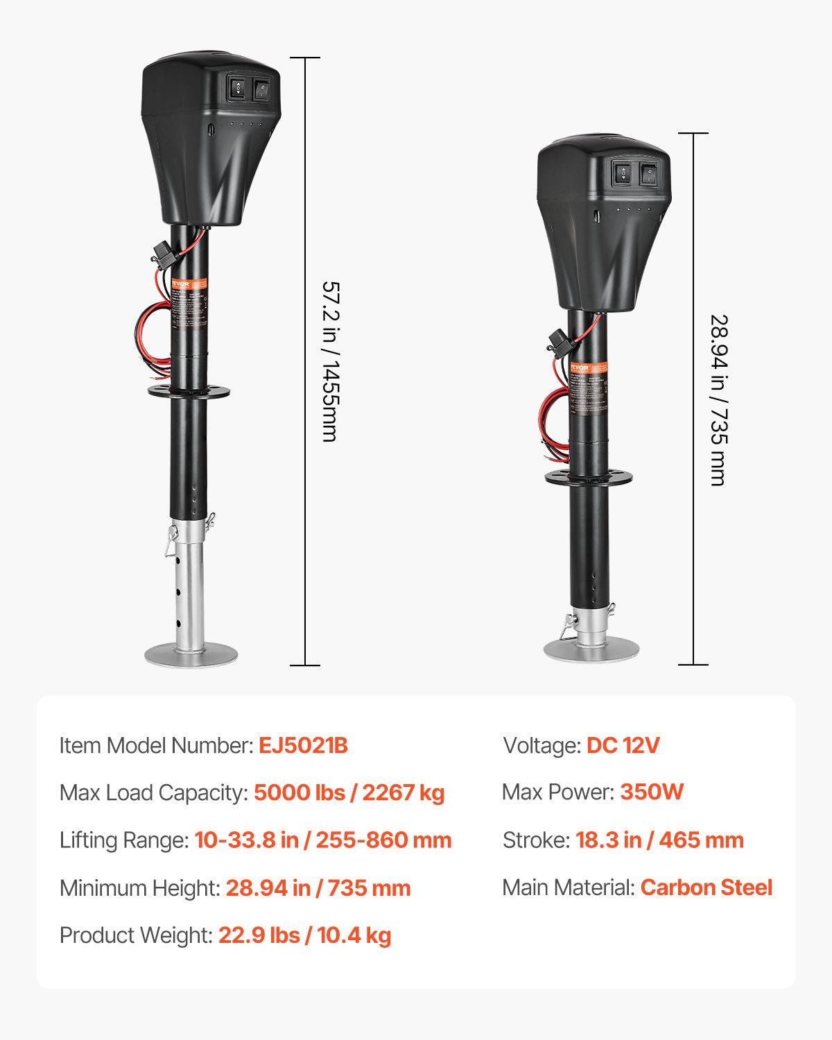 VEVOR Electric Trailer Jack, 5000 lbs, Heavy Duty RV Electric Power Tongue Jack with 2 Way Connector, Manual Crank Handle & Weatherproof Jack Cover, 10"-28.3" Lift, for RVs, Trailers & Campers, Black - DDTCQJDDDKCG9J9JZV9 - view 8