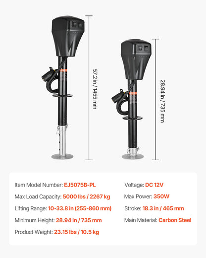 VEVOR Electric Trailer Jack, 5000 lbs, Heavy Duty RV Electric Power Tongue Jack with 7-pin Connector, Manual Crank Handle & Weatherproof Jack Cover, 10"-28.3" Lift, for Trailers, Campers & RVs, Black - DDTCQJDDDKCGXMS1PV9 - view 8