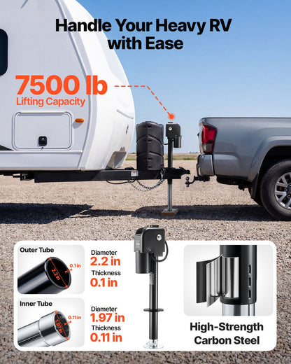VEVOR Electric Trailer Jack, 7500 lbs Capacity, Electric Power Tongue Jack with Waterproof Protective Cover & LED Light for Travel Trailer, Camper, RV, 9.84-27.84 in Lift, 12V DC with Wiring, Black - DDTCQJDDDKDYQAYKZ001V9 - view 3