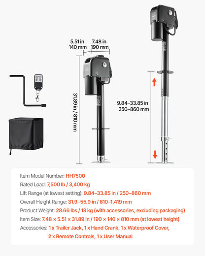 VEVOR Electric Trailer Jack, 7500 lbs Capacity, Electric Power Tongue Jack with Waterproof Protective Cover & LED Light for Travel Trailer, Camper, RV, 9.84-27.84 in Lift, 12V DC with Wiring, Black - DDTCQJDDDKDYQAYKZ001V9 - view 8