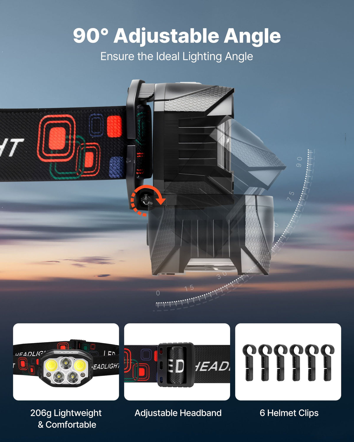 VEVOR 2 Pack Headlamps, Bright LED Rechargeable Headlight, Lightweight Head Flashlight with 12 Lighting Modes & Motion Sensor, Adjustable Headband, Head Lamps for Camping, Running, Hiking, Fishing - DDTD2GCD0000Q99SE001V9 - view 6