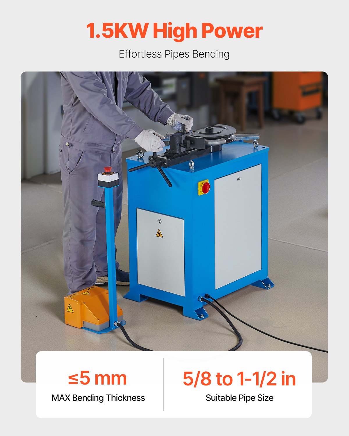 VEVOR Electric Tube Bending Machine, 1.5 KW Electric Tube Bender for 5/8 to 1-1/2 inch Pipes, Pipe Bender Machine with 5 Set Dies, Manual & Auto Modes and 180° Max Bending Angle (220V 60Hz 3-Phase) - DDWGJ1640MM1FCGLWV4 - view 3