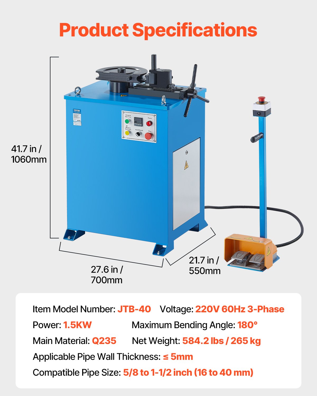 VEVOR Electric Tube Bending Machine, 1.5 KW Electric Tube Bender for 5/8 to 1-1/2 inch Pipes, Pipe Bender Machine with 5 Set Dies, Manual & Auto Modes and 180° Max Bending Angle (220V 60Hz 3-Phase) - DDWGJ1640MM1FCGLWV4 - view 8