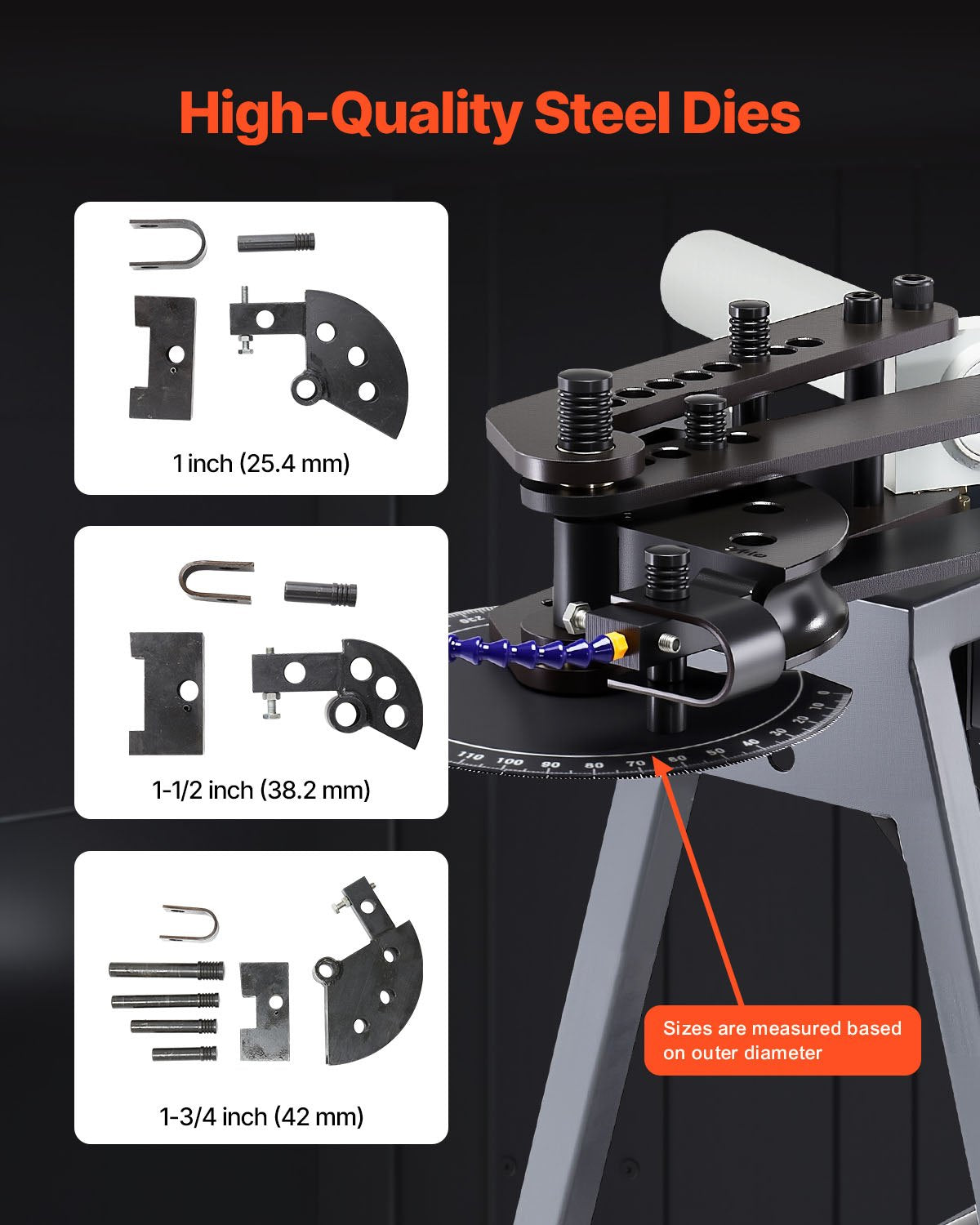 VEVOR Electric Tube Bending Machine, 750W Electric Tubing Bender with 6L Hydraulic Cylinder, Movable Pipe Bender Machine with 3 Dies & 180° Max Bending Angle, Suitable for 1", 1-1/2", 1-3/4" Pipes - DDWGJ342INCHL90N3V1 - view 7