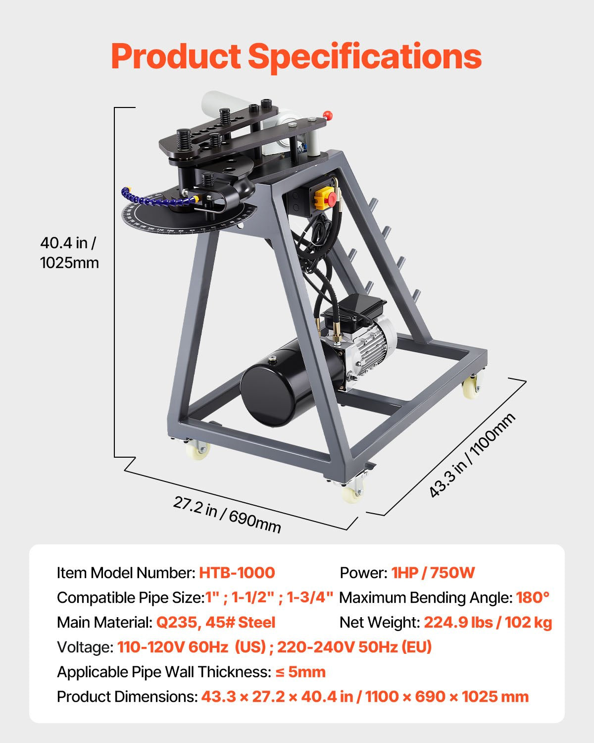 VEVOR Electric Tube Bending Machine, 750W Electric Tubing Bender with 6L Hydraulic Cylinder, Movable Pipe Bender Machine with 3 Dies & 180° Max Bending Angle, Suitable for 1", 1-1/2", 1-3/4" Pipes - DDWGJ342INCHL90N3V1 - view 8