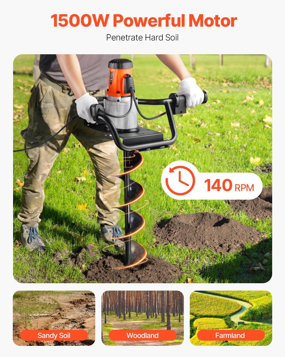 VEVOR Electric Post Hole Digger, 5.71 in Auger Bit with 1500W Powerful Motor, 140 RPM Alloy Steel Earth Auger Drill Bit with 10.24 in Extension Rod, for Post Hole Digging, Drilling & Tree Planting - DDWKJCS1500W05UJP001V1 - view 3