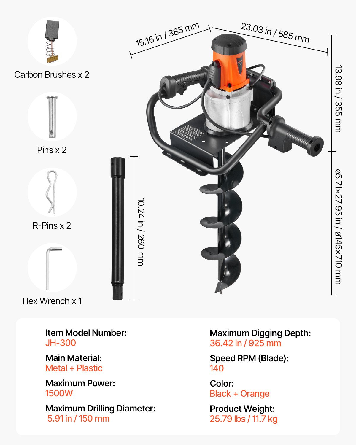 VEVOR Electric Post Hole Digger, 5.71 in Auger Bit with 1500W Powerful Motor, 140 RPM Alloy Steel Earth Auger Drill Bit with 10.24 in Extension Rod, for Post Hole Digging, Drilling & Tree Planting - DDWKJCS1500W05UJP001V1 - view 8