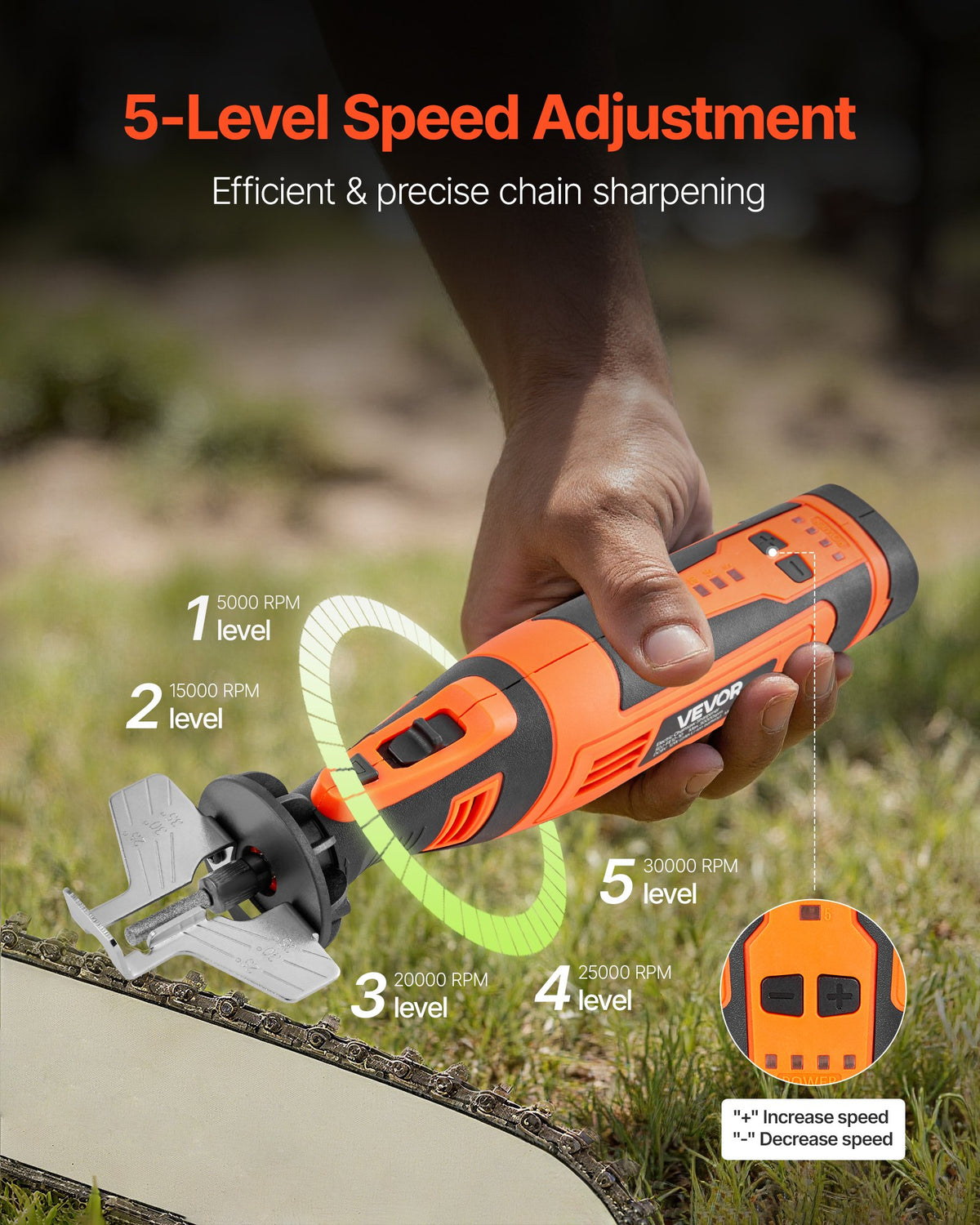 VEVOR Cordless Chainsaw Sharpener, 5-Speed Adjustable Electric Saw Chain Sharpener 5000-30000 RPM, Rechargeable Handheld Chainsaw Sharpening Tool with 4 Sharpening Heads & Angle Guide Attachment - DDWSLJMDQTJS4K2NC001V9 - view 3