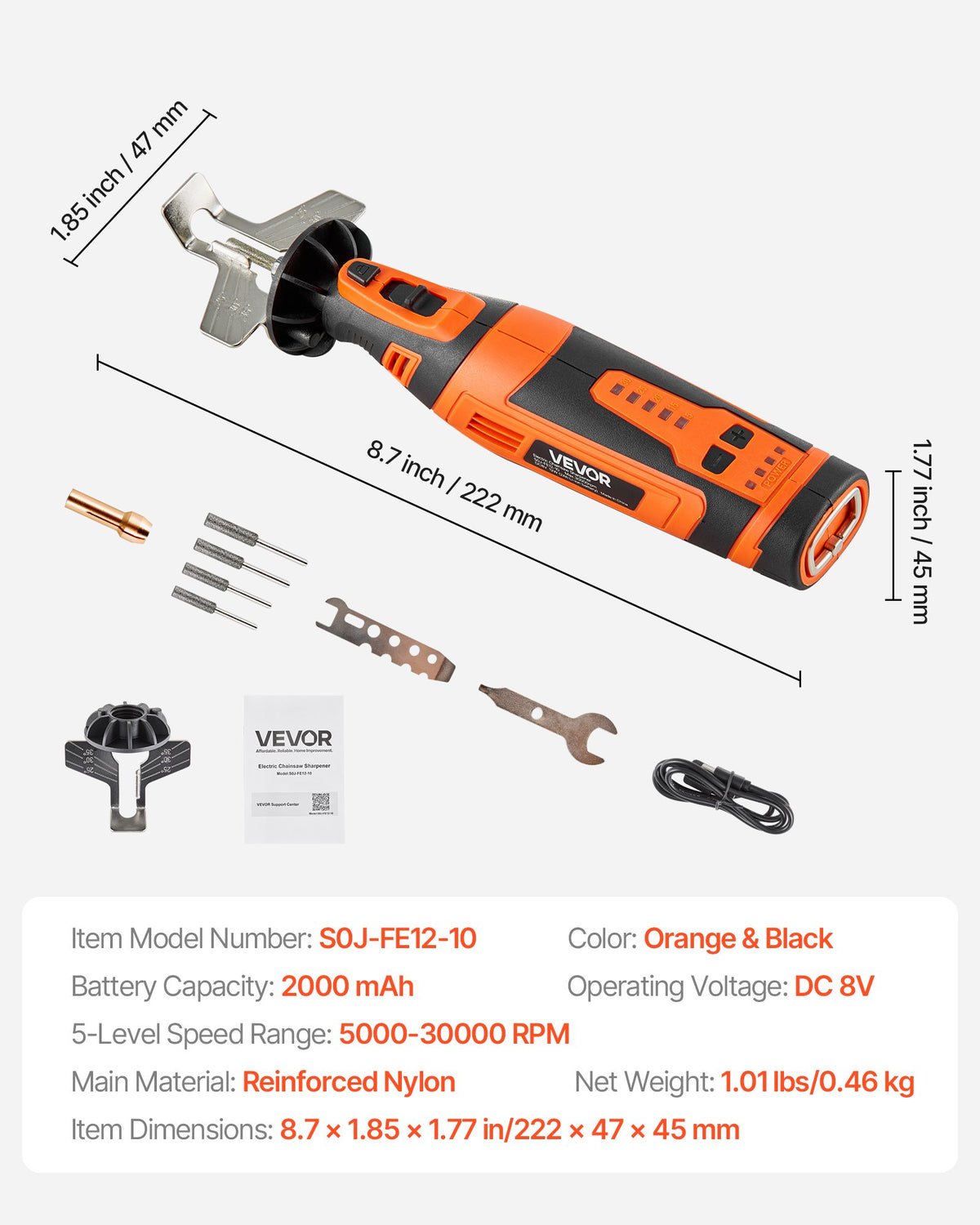 VEVOR Cordless Chainsaw Sharpener, 5-Speed Adjustable Electric Saw Chain Sharpener 5000-30000 RPM, Rechargeable Handheld Chainsaw Sharpening Tool with 4 Sharpening Heads & Angle Guide Attachment - DDWSLJMDQTJS4K2NC001V9 - view 8