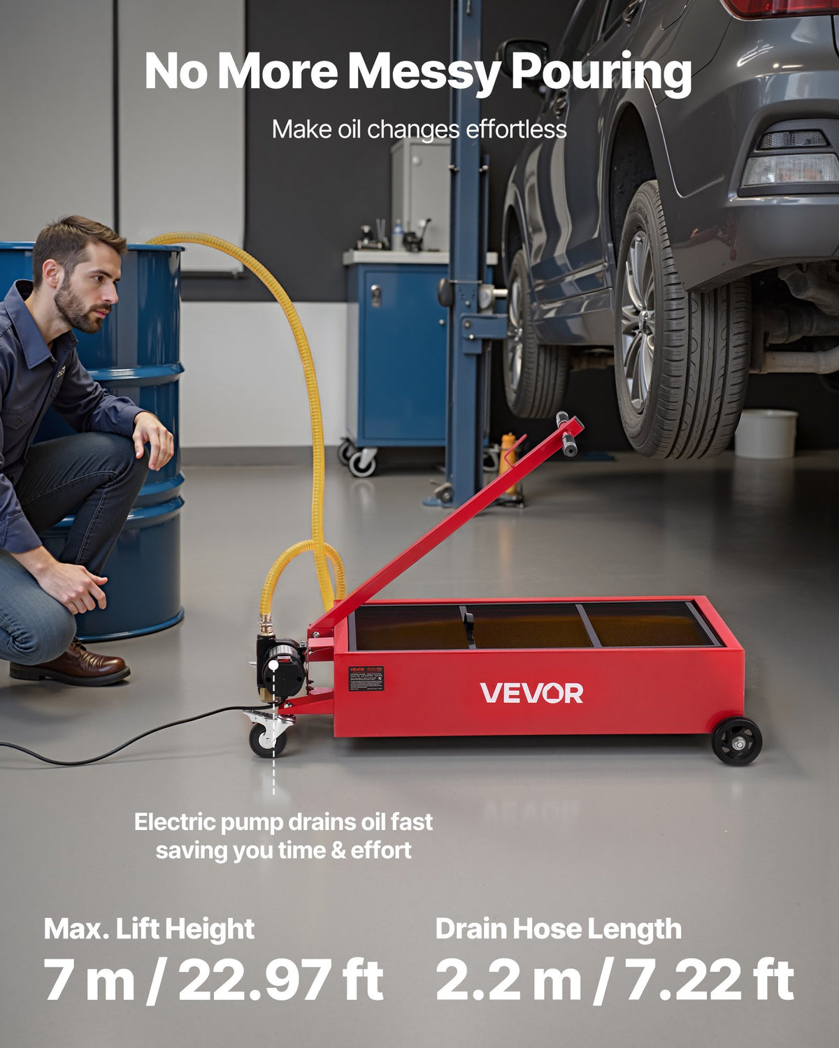 VEVOR Low Profile Oil Drain Pan, 17 Gallon Capacity, Rolling Oil Drain Pan with Electric Pump, 7.2 ft Hose & T Folding Handle, Leak-proof & Corrosion-resistant, Fit for Cars, SUVs, Trucks, ATVs, Red - DDWSPYCJS17GVV6GY001V1 - view 3