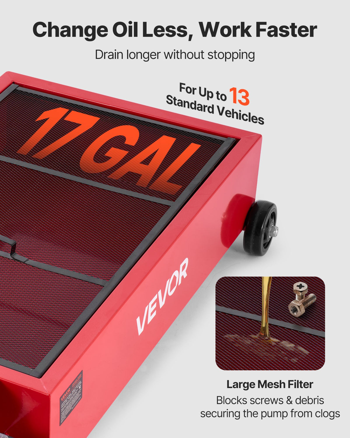 VEVOR Low Profile Oil Drain Pan, 17 Gallon Capacity, Rolling Oil Drain Pan with Electric Pump, 7.2 ft Hose & T Folding Handle, Leak-proof & Corrosion-resistant, Fit for Cars, SUVs, Trucks, ATVs, Red - DDWSPYCJS17GVV6GY001V1 - view 4
