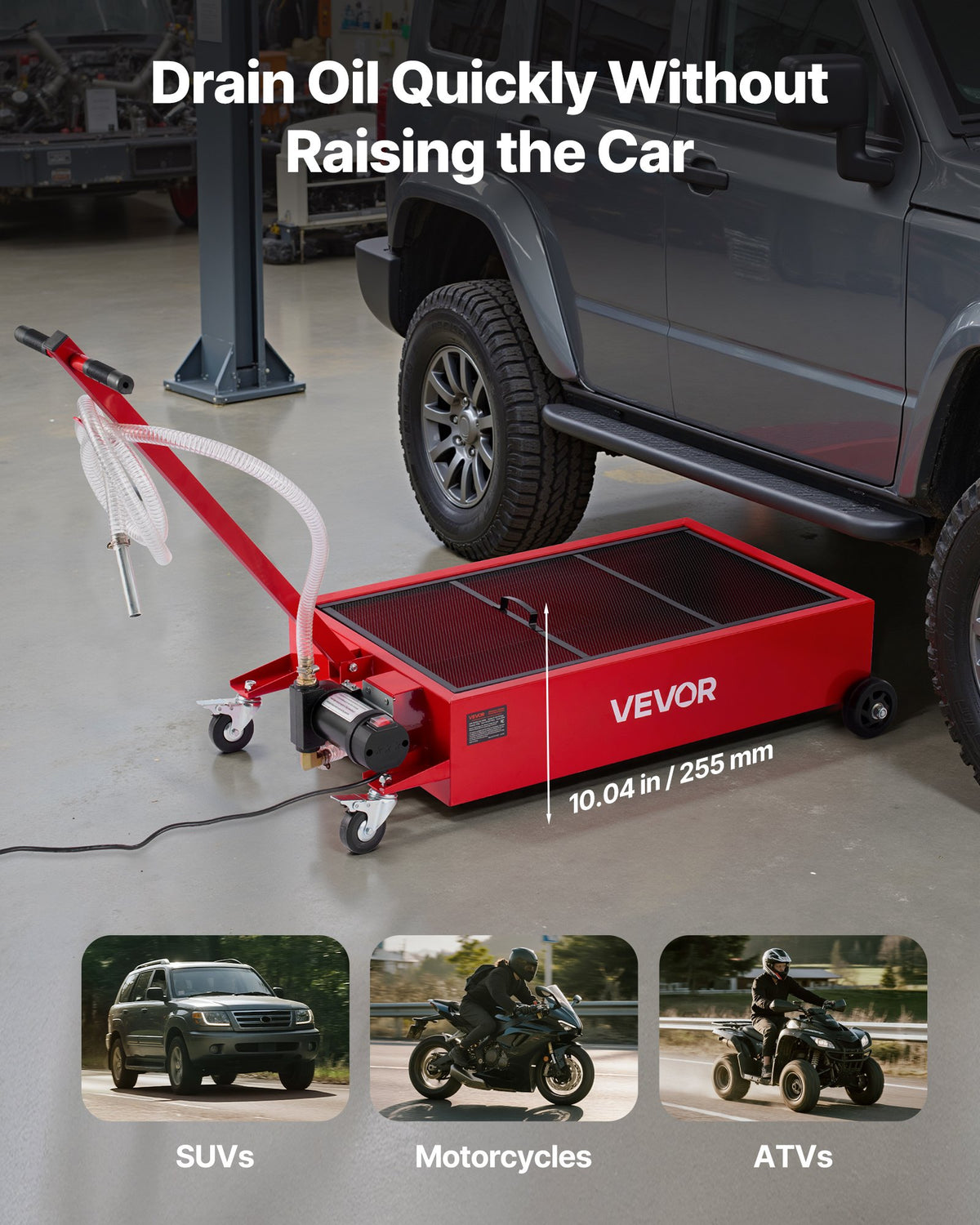 VEVOR Low Profile Oil Drain Pan, 17 Gallon Capacity, Rolling Oil Drain Pan with Electric Pump, 7.2 ft Hose & T Folding Handle, Leak-proof & Corrosion-resistant, Fit for Cars, SUVs, Trucks, ATVs, Red - DDWSPYCJS17GVV6GY001V1 - view 5