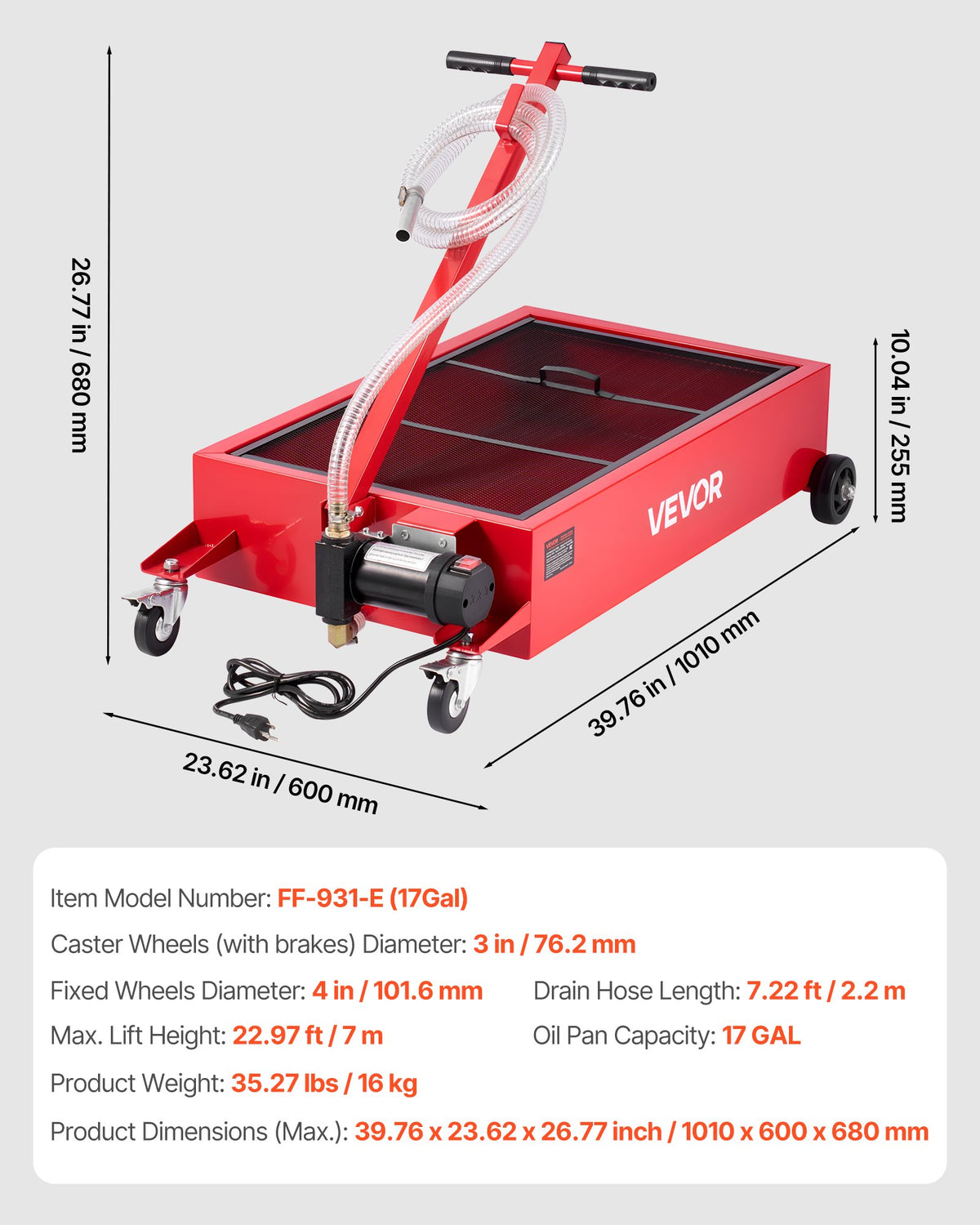VEVOR Low Profile Oil Drain Pan, 17 Gallon Capacity, Rolling Oil Drain Pan with Electric Pump, 7.2 ft Hose & T Folding Handle, Leak-proof & Corrosion-resistant, Fit for Cars, SUVs, Trucks, ATVs, Red - DDWSPYCJS17GVV6GY001V1 - view 8