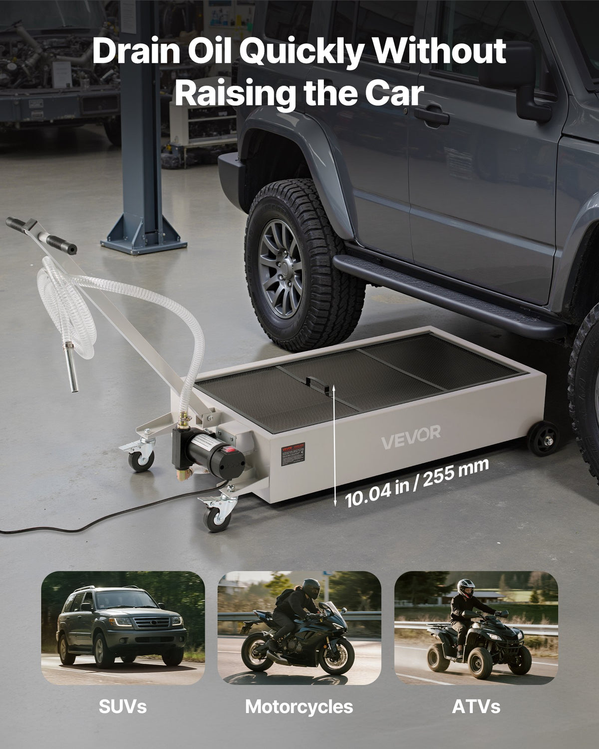 VEVOR Low Profile Oil Drain Pan, 20 Gallon Capacity, Rolling Oil Drain Pan with Electric Pump, 7.2 ft Hose & T Folding Handle, Leak-proof & Corrosion-resistant, Fit for Cars, SUVs, Trucks, ATVs, White - DDWSPYCJS20GU6P3W001V1 - view 5