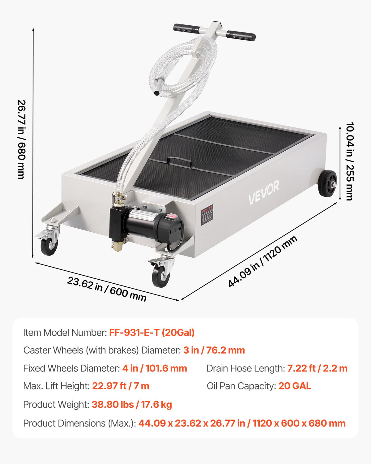VEVOR Low Profile Oil Drain Pan, 20 Gallon Capacity, Rolling Oil Drain Pan with Electric Pump, 7.2 ft Hose & T Folding Handle, Leak-proof & Corrosion-resistant, Fit for Cars, SUVs, Trucks, ATVs, White - DDWSPYCJS20GU6P3W001V1 - view 8