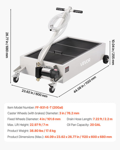 VEVOR Low Profile Oil Drain Pan, 20 Gallon Capacity, Rolling Oil Drain Pan with Electric Pump, 7.2 ft Hose & T Folding Handle, Leak-proof & Corrosion-resistant, Fit for Cars, SUVs, Trucks, ATVs, White - DDWSPYCJS20GU6P3W001V1 - view 8