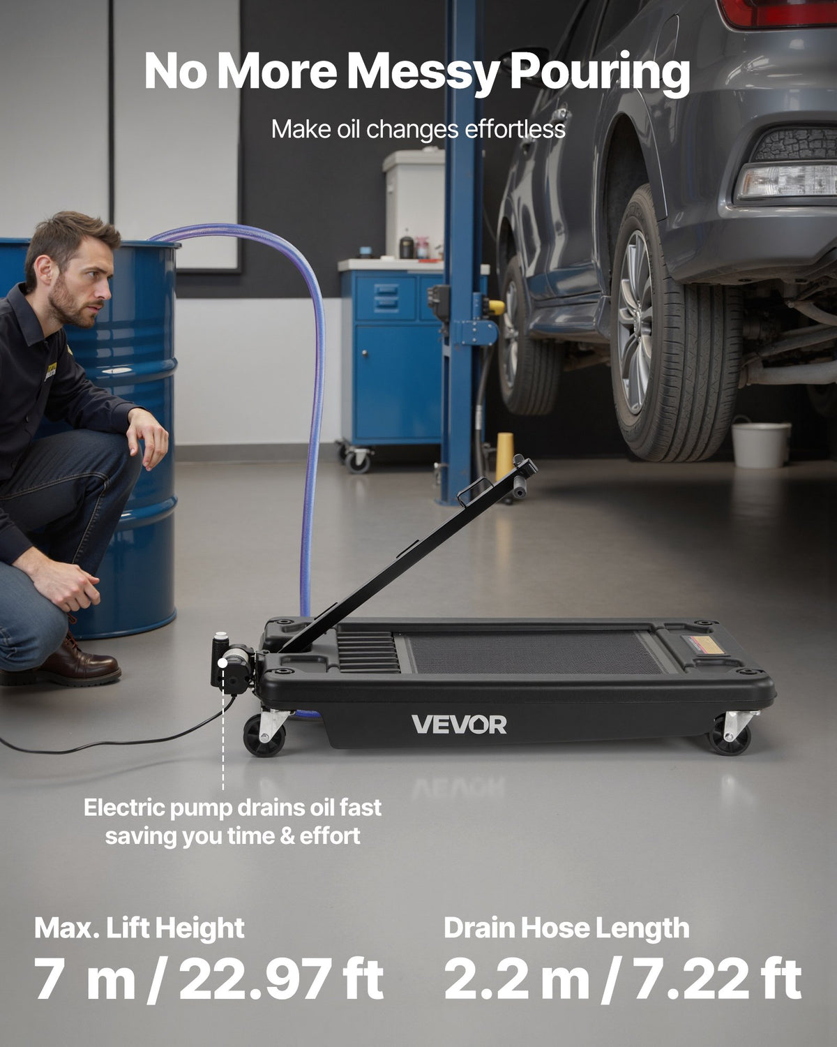 VEVOR Low Profile Oil Drain Pan, 17 Gallon Capacity, Rolling Oil Drain Pan with Electric Pump, 7.2 ft Hose & T Folding Handle, Leak-proof & Corrosion-resistant, Fit for Cars, SUVs, Trucks, ATVs, Black - DDWSPYCSL17G42WKQ001V1 - view 3