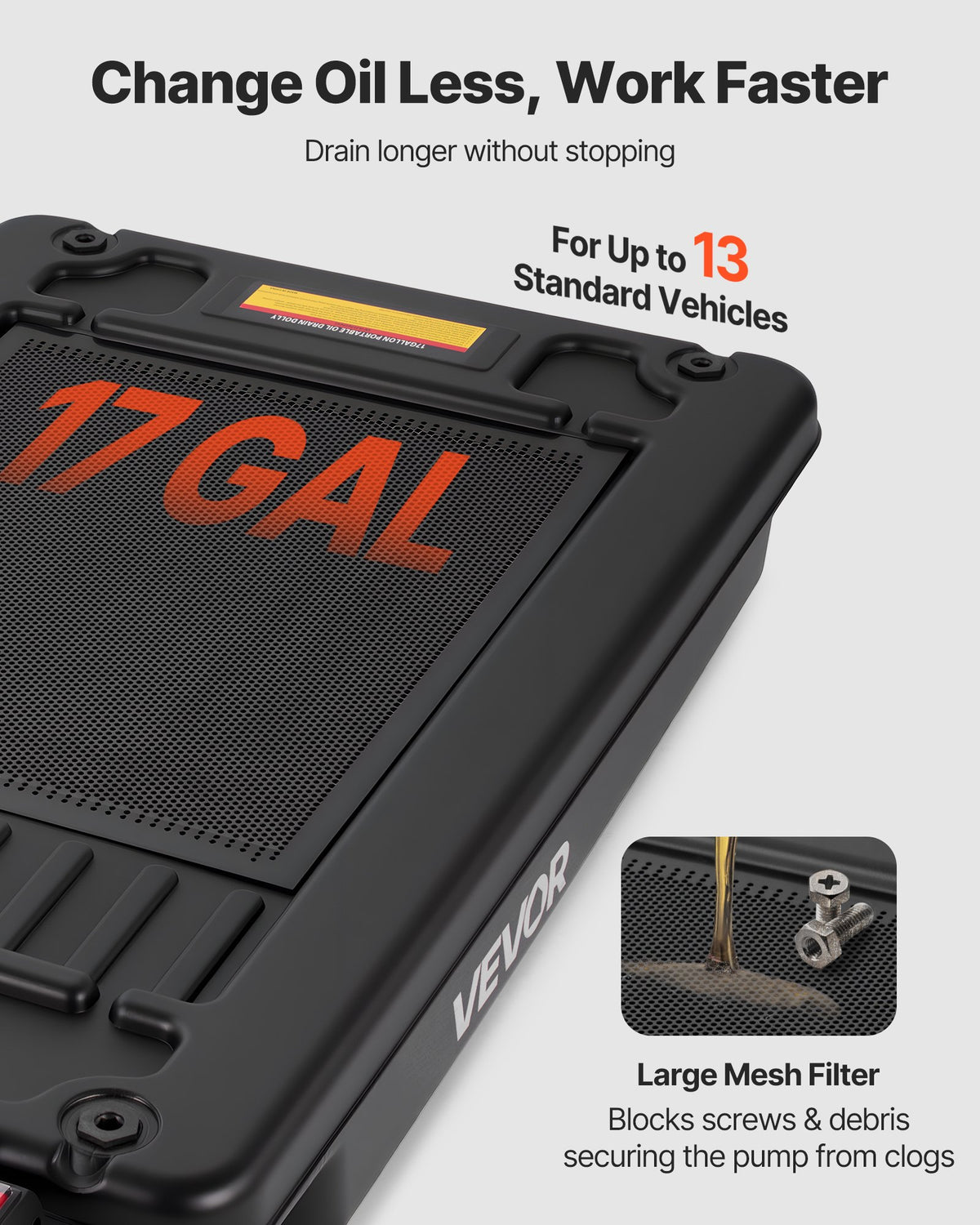VEVOR Low Profile Oil Drain Pan, 17 Gallon Capacity, Rolling Oil Drain Pan with Electric Pump, 7.2 ft Hose & T Folding Handle, Leak-proof & Corrosion-resistant, Fit for Cars, SUVs, Trucks, ATVs, Black - DDWSPYCSL17G42WKQ001V1 - view 4
