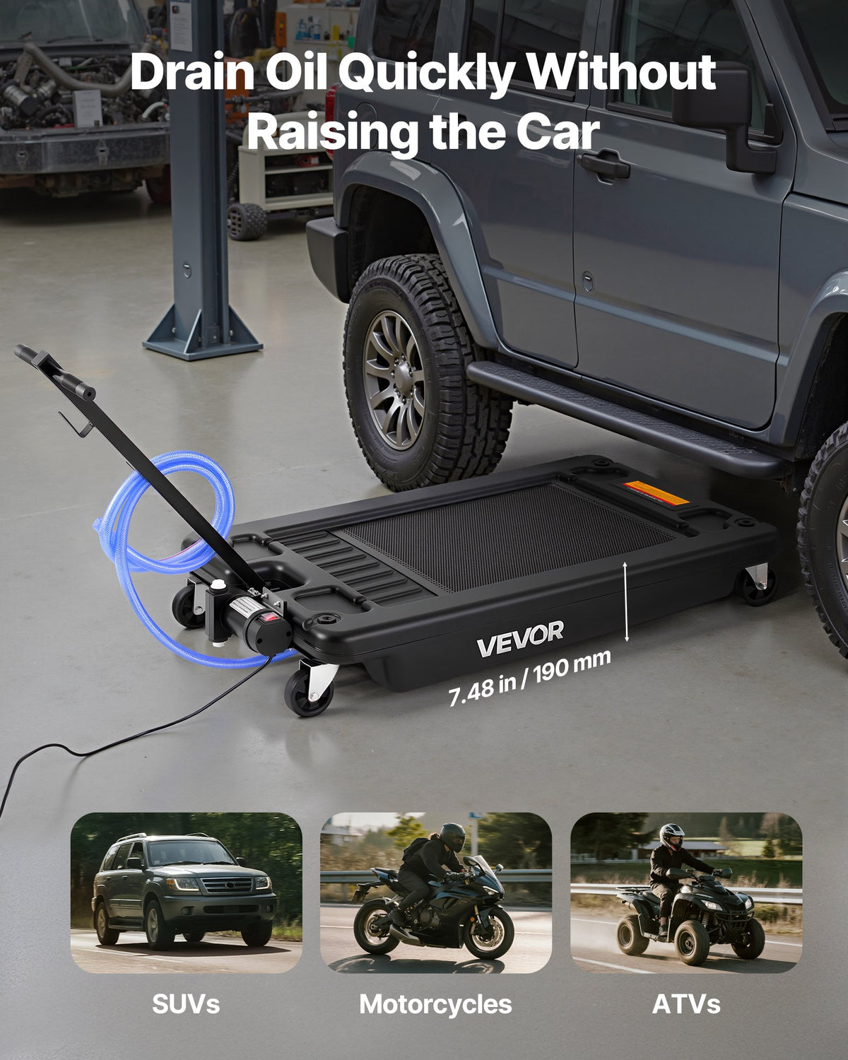 VEVOR Low Profile Oil Drain Pan, 17 Gallon Capacity, Rolling Oil Drain Pan with Electric Pump, 7.2 ft Hose & T Folding Handle, Leak-proof & Corrosion-resistant, Fit for Cars, SUVs, Trucks, ATVs, Black - DDWSPYCSL17G42WKQ001V1 - view 5