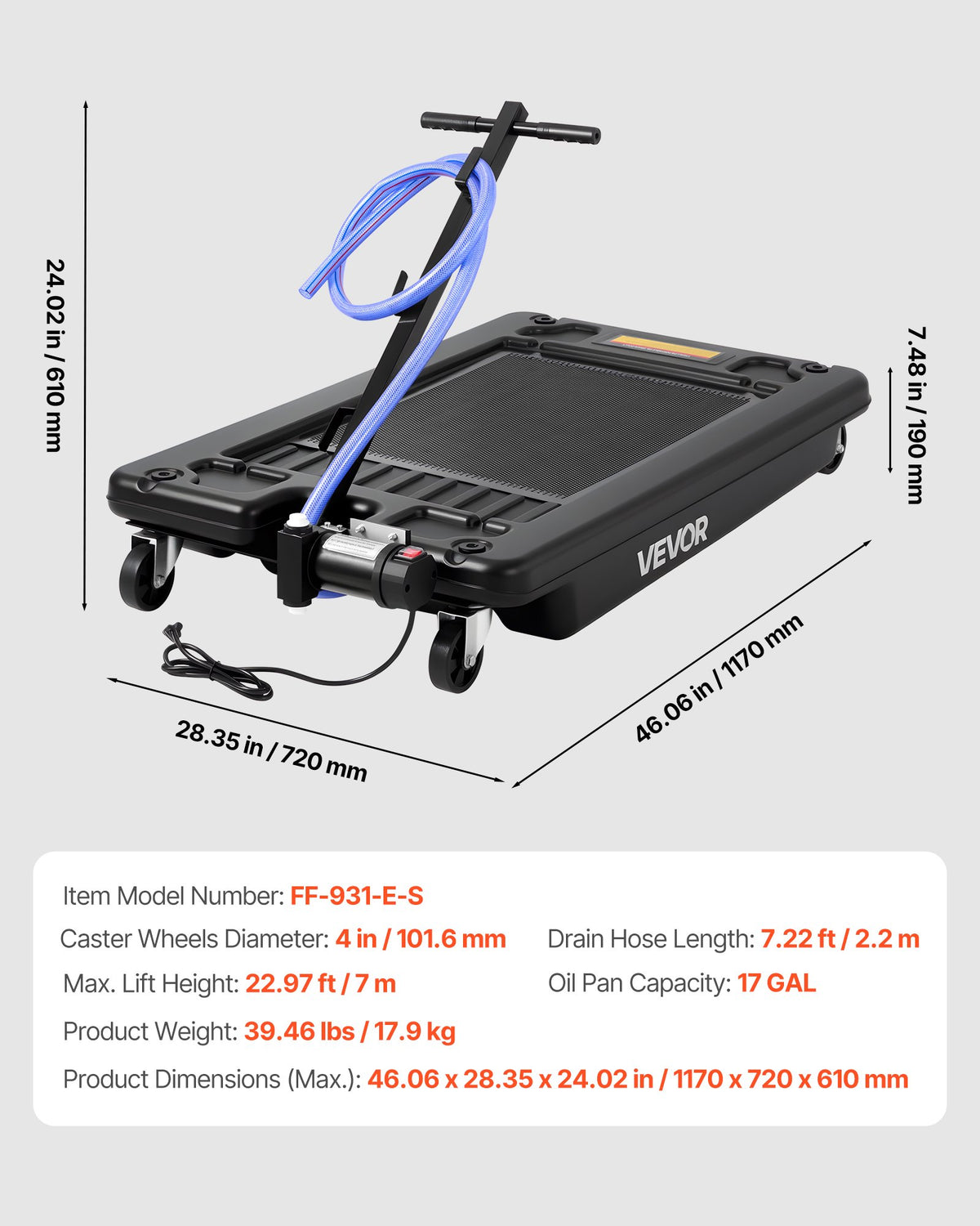 VEVOR Low Profile Oil Drain Pan, 17 Gallon Capacity, Rolling Oil Drain Pan with Electric Pump, 7.2 ft Hose & T Folding Handle, Leak-proof & Corrosion-resistant, Fit for Cars, SUVs, Trucks, ATVs, Black - DDWSPYCSL17G42WKQ001V1 - view 8