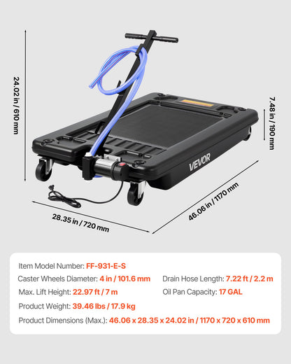 VEVOR Low Profile Oil Drain Pan, 17 Gallon Capacity, Rolling Oil Drain Pan with Electric Pump, 7.2 ft Hose & T Folding Handle, Leak-proof & Corrosion-resistant, Fit for Cars, SUVs, Trucks, ATVs, Black - DDWSPYCSL17G42WKQ001V1 - view 8