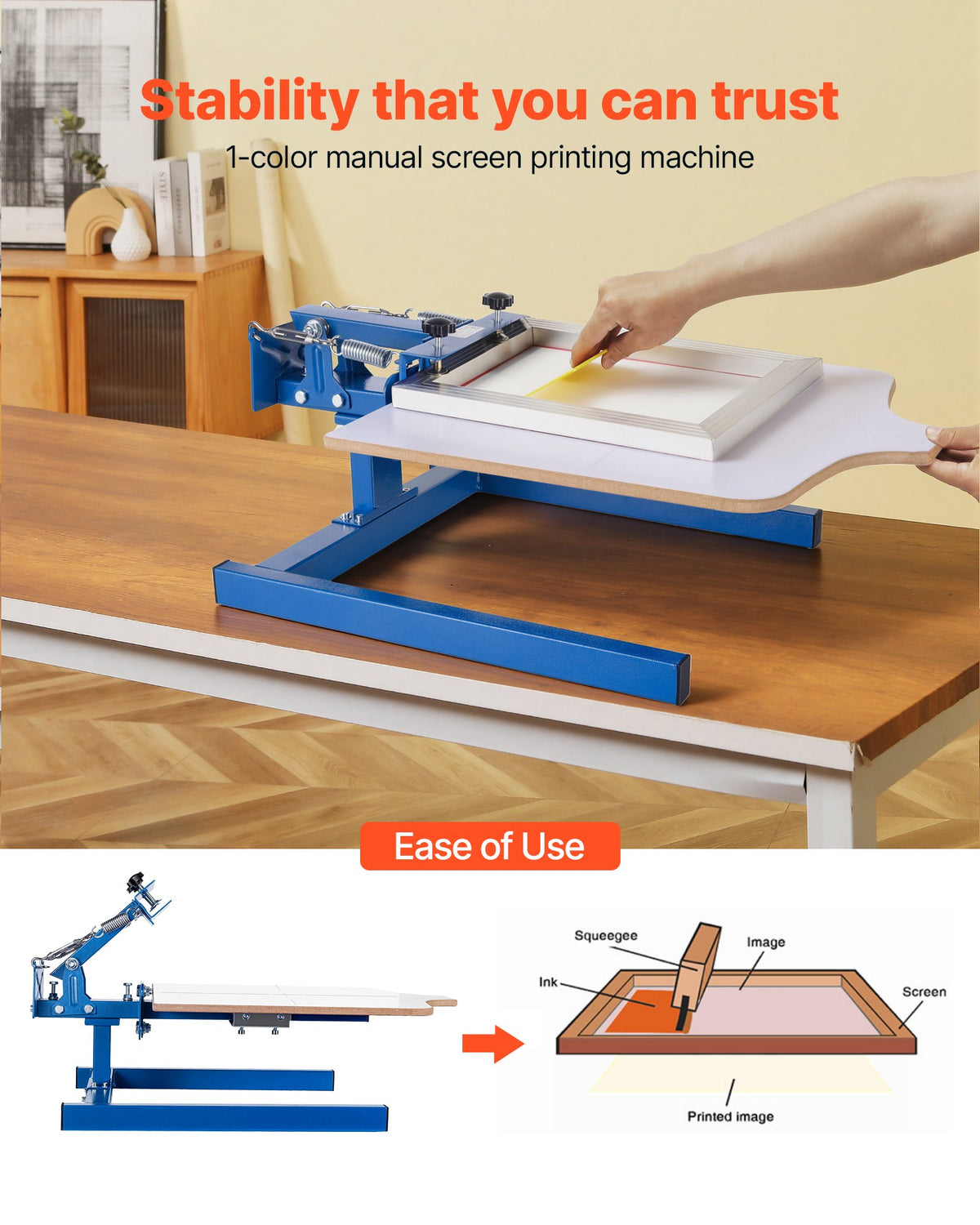 VEVOR Screen Printing Machine 1 Color 1 Station Silk Screen Printing Press, 21.3 x 17.7 in Platen, Adjustable Tension, Powder-Coated Carbon Steel, for T-shirt Clothing DIY, Home and Commercial Use - DDWSYJTTS11W72KP4001V0 - view 3