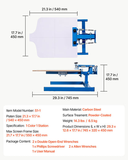 VEVOR Screen Printing Machine 1 Color 1 Station Silk Screen Printing Press, 21.3 x 17.7 in Platen, Adjustable Tension, Powder-Coated Carbon Steel, for T-shirt Clothing DIY, Home and Commercial Use - DDWSYJTTS11W72KP4001V0 - view 8