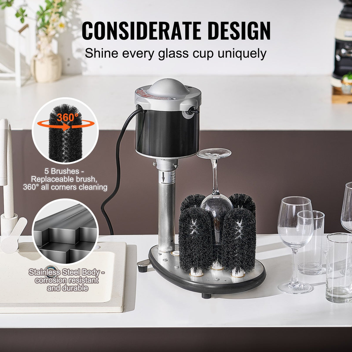 VEVOR Electric Commercial Glass Washer, 5-Brush Bar Glass Cleaner, 600 Cups/Hour Wine Glass Cleaning Machine, Bar Glass Washer for Champagne Glasses, Beer Cups, Mugs, Perfect for Bars and Cafes - DDXBJDRDJBFS91AQMV1 - view 7