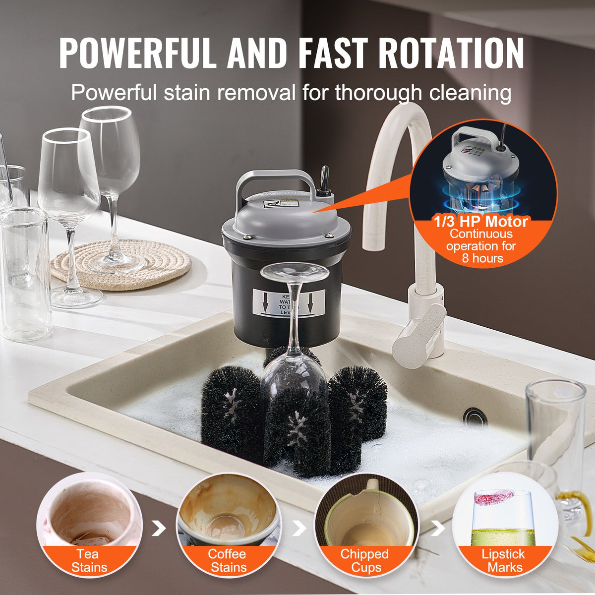VEVOR Electric Commercial Glass Washer, 5-Brush Bar Glass Cleaner, 1200 Cups/Hour Wine Glass Cleaning Machine, Bar Glass Washer for Champagne Glasses, Beer Cups, Mugs, Perfect for Bars and Cafes - DDXBJZLDJFS50V18ZV1 - view 6