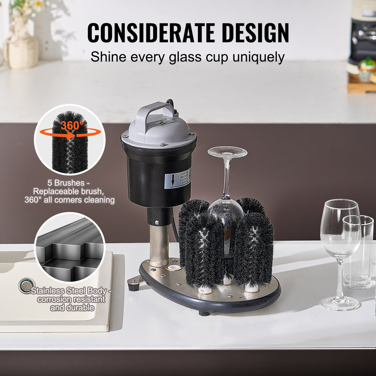 VEVOR Electric Commercial Glass Washer, 5-Brush Bar Glass Cleaner, 1200 Cups/Hour Wine Glass Cleaning Machine, Bar Glass Washer for Champagne Glasses, Beer Cups, Mugs, Perfect for Bars and Cafes - DDXBJZLDJFS50V18ZV1 - view 7
