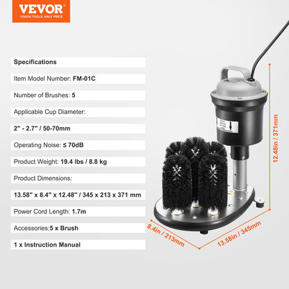 VEVOR Electric Commercial Glass Washer, 5-Brush Bar Glass Cleaner, 1200 Cups/Hour Wine Glass Cleaning Machine, Bar Glass Washer for Champagne Glasses, Beer Cups, Mugs, Perfect for Bars and Cafes - DDXBJZLDJFS50V18ZV1 - view 8