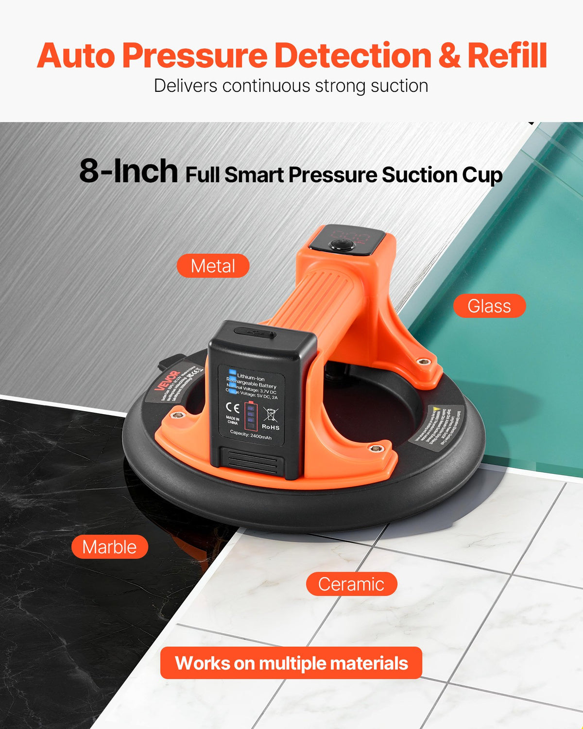 VEVOR Electric Suction Cup, 8-Inch Vacuum Glass Lifter with Digital Display for Suction Power & Battery Level, 440 lbs Max Lifting Capacity Tile Suction Cup Tool for Lifting Tile, Granite (1-Pack) - DDXP8YC600B1DKEAU001V9 - view 3