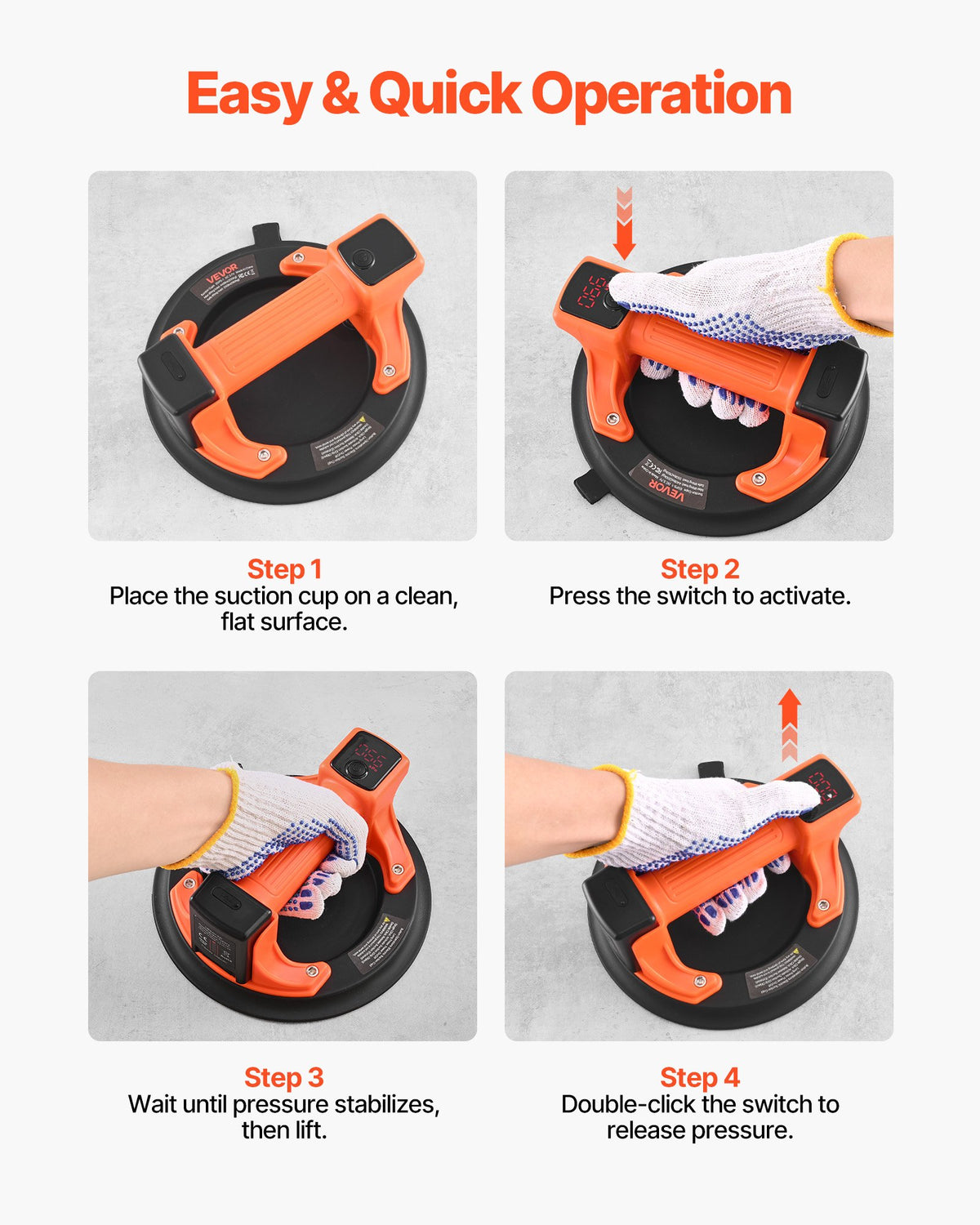 VEVOR Electric Suction Cup, 8-Inch Vacuum Glass Lifter with Digital Display for Suction Power & Battery Level, 440 lbs Max Lifting Capacity Tile Suction Cup Tool for Lifting Tile, Granite (1-Pack) - DDXP8YC600B1DKEAU001V9 - view 5