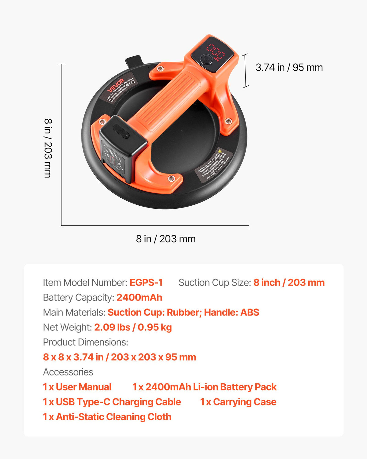 VEVOR Electric Suction Cup, 8-Inch Vacuum Glass Lifter with Digital Display for Suction Power & Battery Level, 440 lbs Max Lifting Capacity Tile Suction Cup Tool for Lifting Tile, Granite (1-Pack) - DDXP8YC600B1DKEAU001V9 - view 8