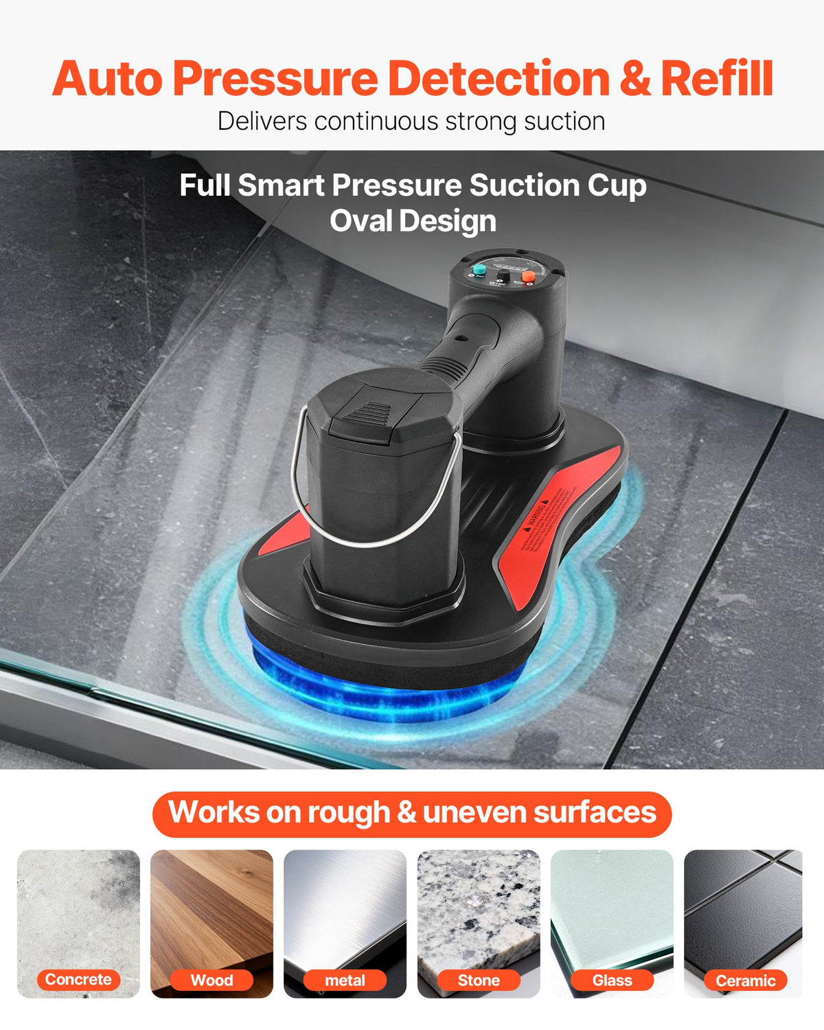 VEVOR Electric Vacuum Suction Cup, 375 lbs Max Lifting Capacity, Vacuum Glass Lifter with Digital Display, Heavy Duty Tile Suction Cup Tool for Lifting Tile, Granite, Wood, Paver, Drywall, Windows - DDXPTYX1J375AT7KU001V1 - view 3