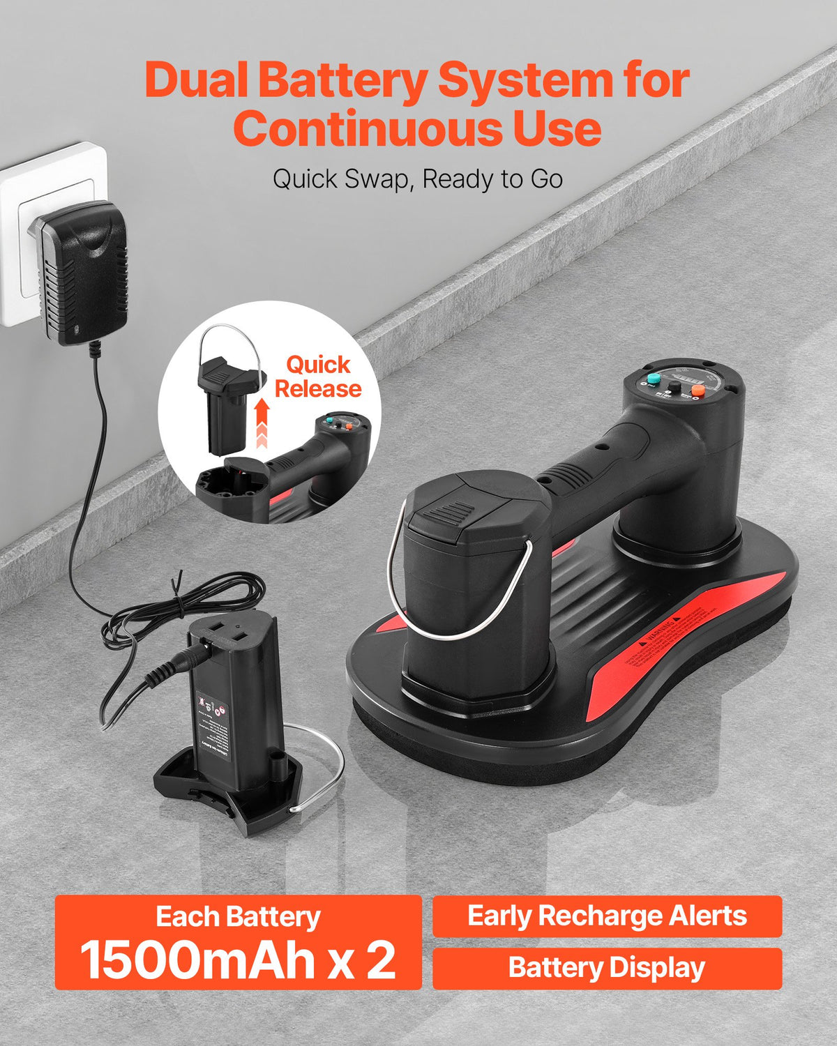 VEVOR Electric Vacuum Suction Cup, 375 lbs Max Lifting Capacity, Vacuum Glass Lifter with Digital Display, Heavy Duty Tile Suction Cup Tool for Lifting Tile, Granite, Wood, Paver, Drywall, Windows - DDXPTYX1J375AT7KU001V1 - view 7