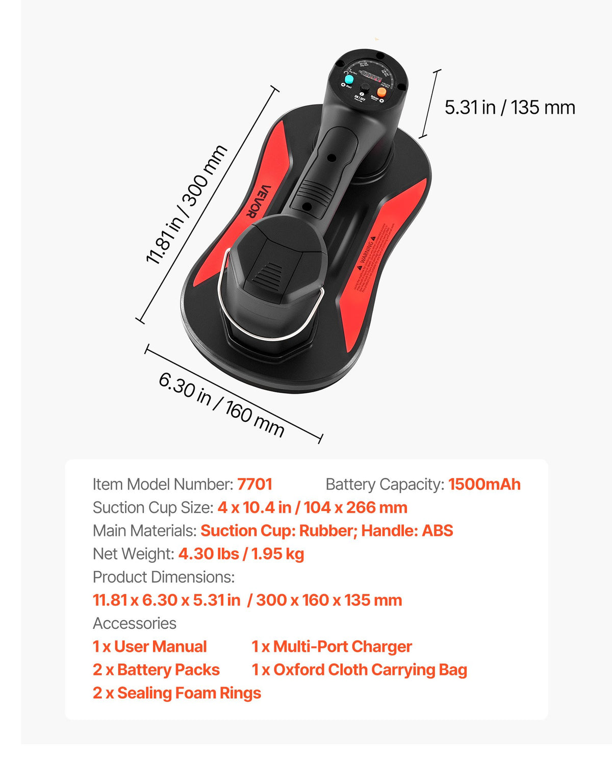 VEVOR Electric Vacuum Suction Cup, 375 lbs Max Lifting Capacity, Vacuum Glass Lifter with Digital Display, Heavy Duty Tile Suction Cup Tool for Lifting Tile, Granite, Wood, Paver, Drywall, Windows - DDXPTYX1J375AT7KU001V1 - view 8