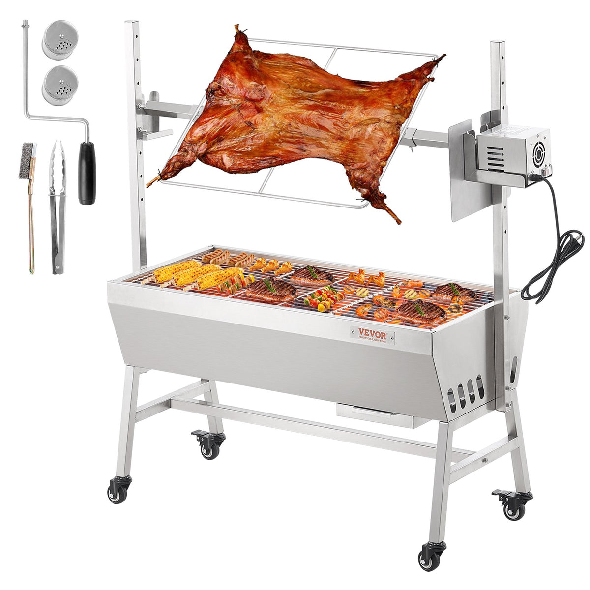 VEVOR Upgrade Rotisserie Grill, 35 Inch 90 Lbs Capacity, BBQ Whole Pig Lamb Goat Charcoal Spit Grill, Electric 42W Motor Stainless Steel Rotisserie Roaster with Lockable Wheels, for Camping Outdoor - DDXZKJ35YCCGS1ENDV1 - view 1