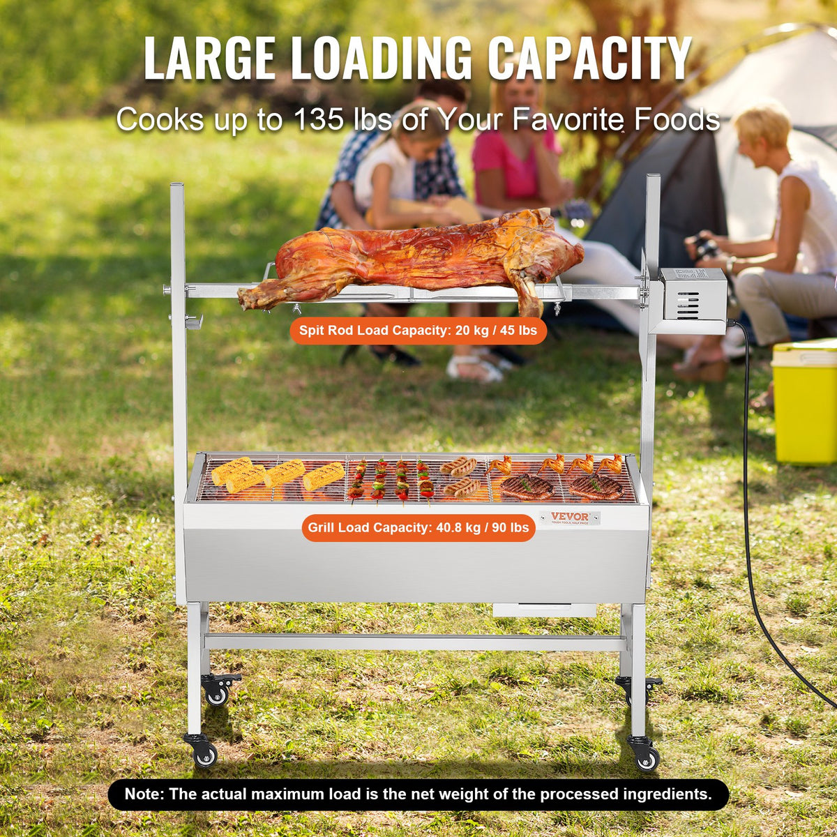 VEVOR Upgrade Rotisserie Grill, 35 Inch 90 Lbs Capacity, BBQ Whole Pig Lamb Goat Charcoal Spit Grill, Electric 42W Motor Stainless Steel Rotisserie Roaster with Lockable Wheels, for Camping Outdoor - DDXZKJ35YCCGS1ENDV1 - view 4