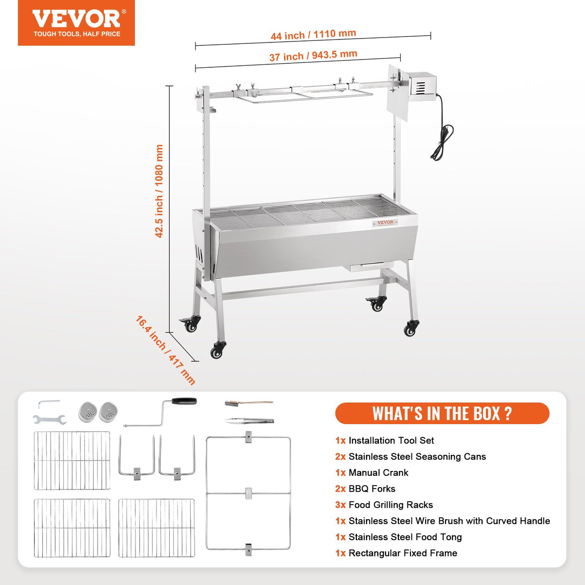 VEVOR Upgrade Rotisserie Grill, 35 Inch 90 Lbs Capacity, BBQ Whole Pig Lamb Goat Charcoal Spit Grill, Electric 42W Motor Stainless Steel Rotisserie Roaster with Lockable Wheels, for Camping Outdoor - DDXZKJ35YCCGS1ENDV1 - view 8