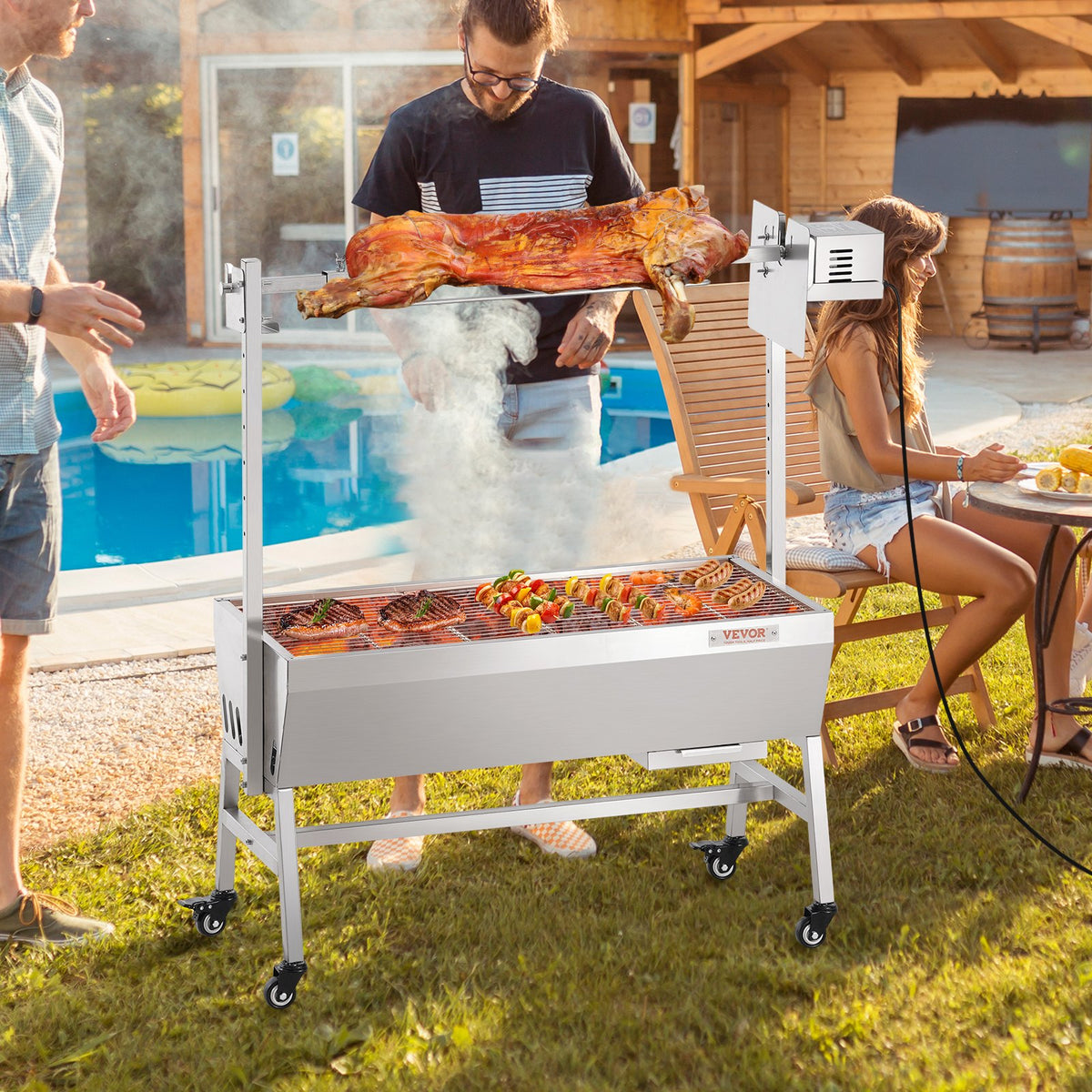 VEVOR Upgrade Rotisserie Grill, 35 Inch 90 Lbs Capacity, BBQ Whole Pig Lamb Goat Charcoal Spit Grill, Electric 42W Motor Stainless Steel Rotisserie Roaster with Lockable Wheels, for Camping Outdoor - DDXZKJ35YCCGS1ENDV1 - view 9