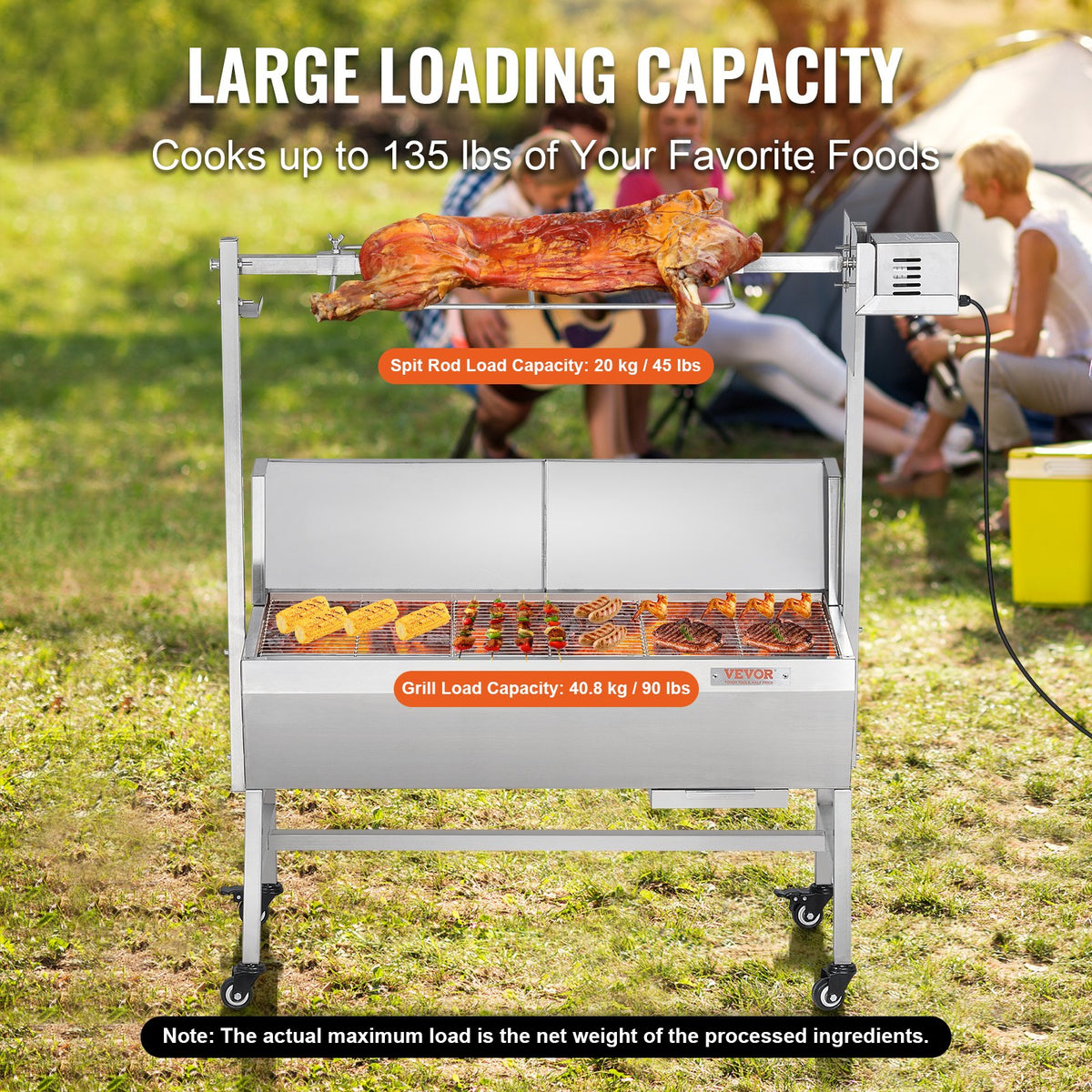 VEVOR Rotisserie Grill with Windscreen, BBQ Whole Pig Lamb Goat Charcoal Spit Grill, 35 Inch 90 Lbs Capacity, Electric 42W Motor Stainless Steel Roaster with Lockable Wheels, for Camping Outdoor - DDXZKJ35YCDBV3Y2GV1 - view 4