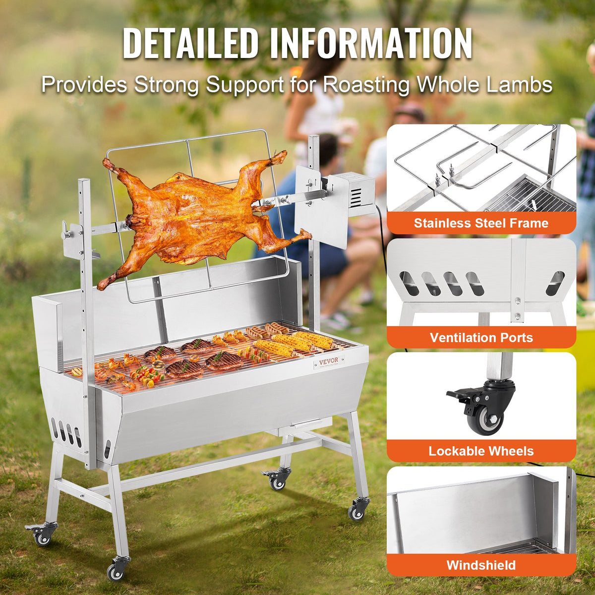 VEVOR Rotisserie Grill with Windscreen, BBQ Whole Pig Lamb Goat Charcoal Spit Grill, 35 Inch 90 Lbs Capacity, Electric 42W Motor Stainless Steel Roaster with Lockable Wheels, for Camping Outdoor - DDXZKJ35YCDBV3Y2GV1 - view 7