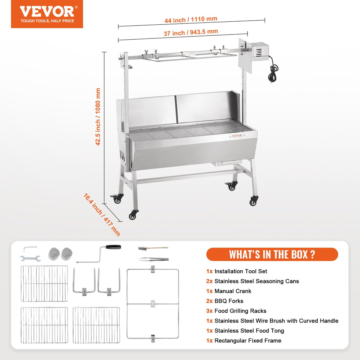 VEVOR Rotisserie Grill with Windscreen, BBQ Whole Pig Lamb Goat Charcoal Spit Grill, 35 Inch 90 Lbs Capacity, Electric 42W Motor Stainless Steel Roaster with Lockable Wheels, for Camping Outdoor - DDXZKJ35YCDBV3Y2GV1 - view 8