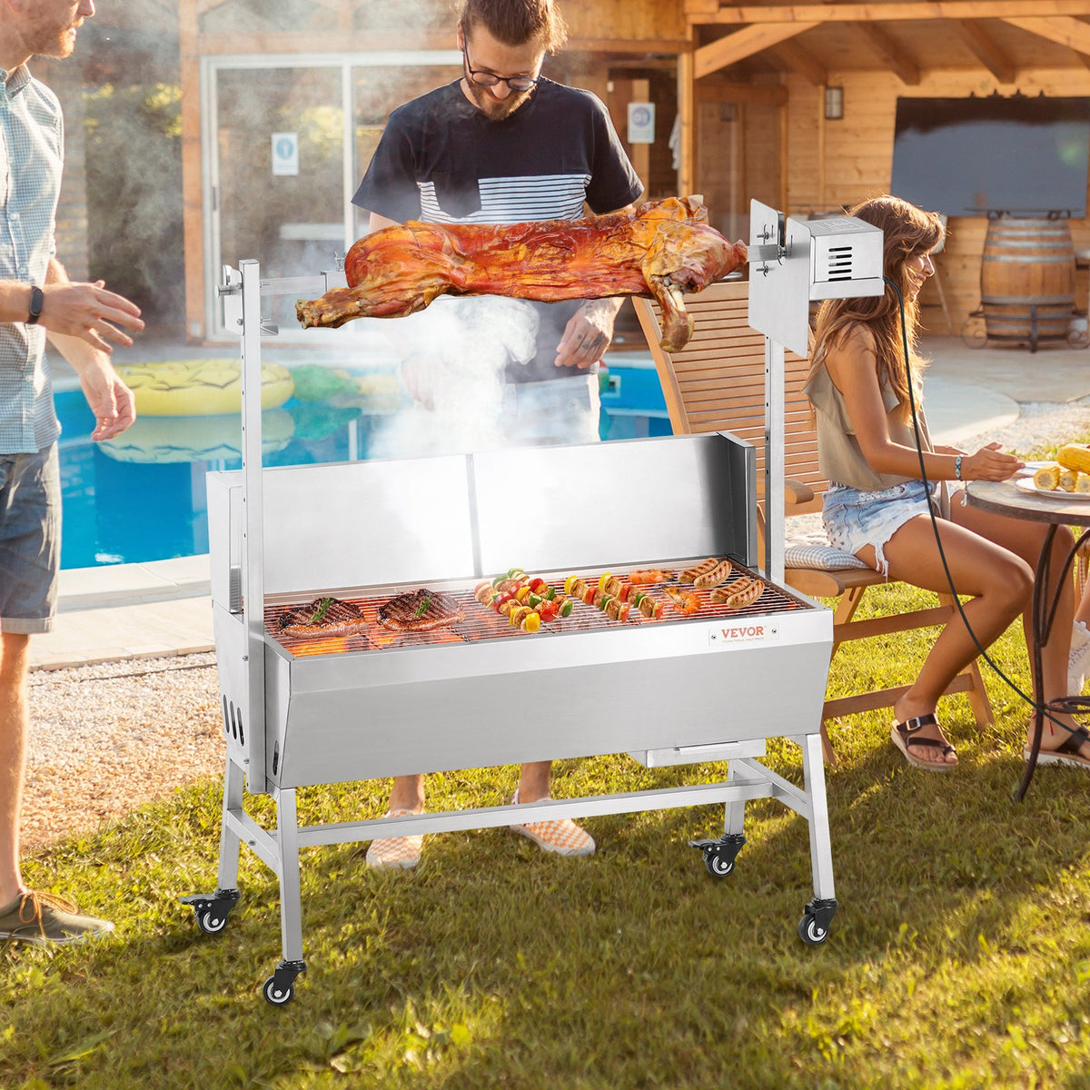 VEVOR Rotisserie Grill with Windscreen, BBQ Whole Pig Lamb Goat Charcoal Spit Grill, 35 Inch 90 Lbs Capacity, Electric 42W Motor Stainless Steel Roaster with Lockable Wheels, for Camping Outdoor - DDXZKJ35YCDBV3Y2GV1 - view 9
