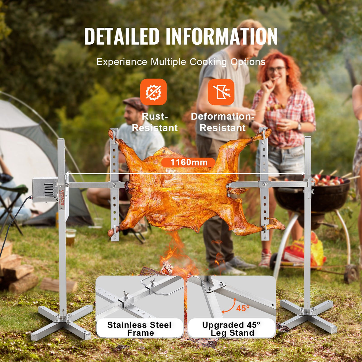 VEVOR Electric BBQ Rotisserie Grill Kit, 46 Inch 90 lbs Capacity, Automatic 42W Motor Height Adjustable Universal Roaster Stand, Stainless Steel Grilling Kit, Spit Rod with Heat Shield for Pig Lamb - DDXZKJ46INCHG2DVEV1 - view 6