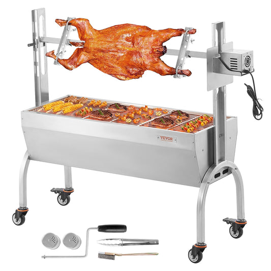 VEVOR Rotisserie Grill, BBQ Whole Pig Lamb Goat Charcoal Spit Grill, 46 Inch 132 Lbs Capacity, Electric 52W Motor Stainless Steel Rotisserie Roaster with Lockable Wheels, for Camping Outdoor - DDXZKJ46INCHJ1CPPV1 - view 1