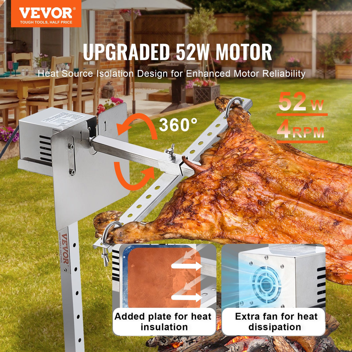 VEVOR Electric BBQ Rotisserie Grill Kit, 46 Inch 132 lbs Capacity, Automatic 52W Motor Height Adjustable Universal Roaster Stand, Stainless Steel Grilling Kit, Spit Rod with Heat Shield for Pig Lamb - DDXZKJ46INCHWG8VJV1 - view 3