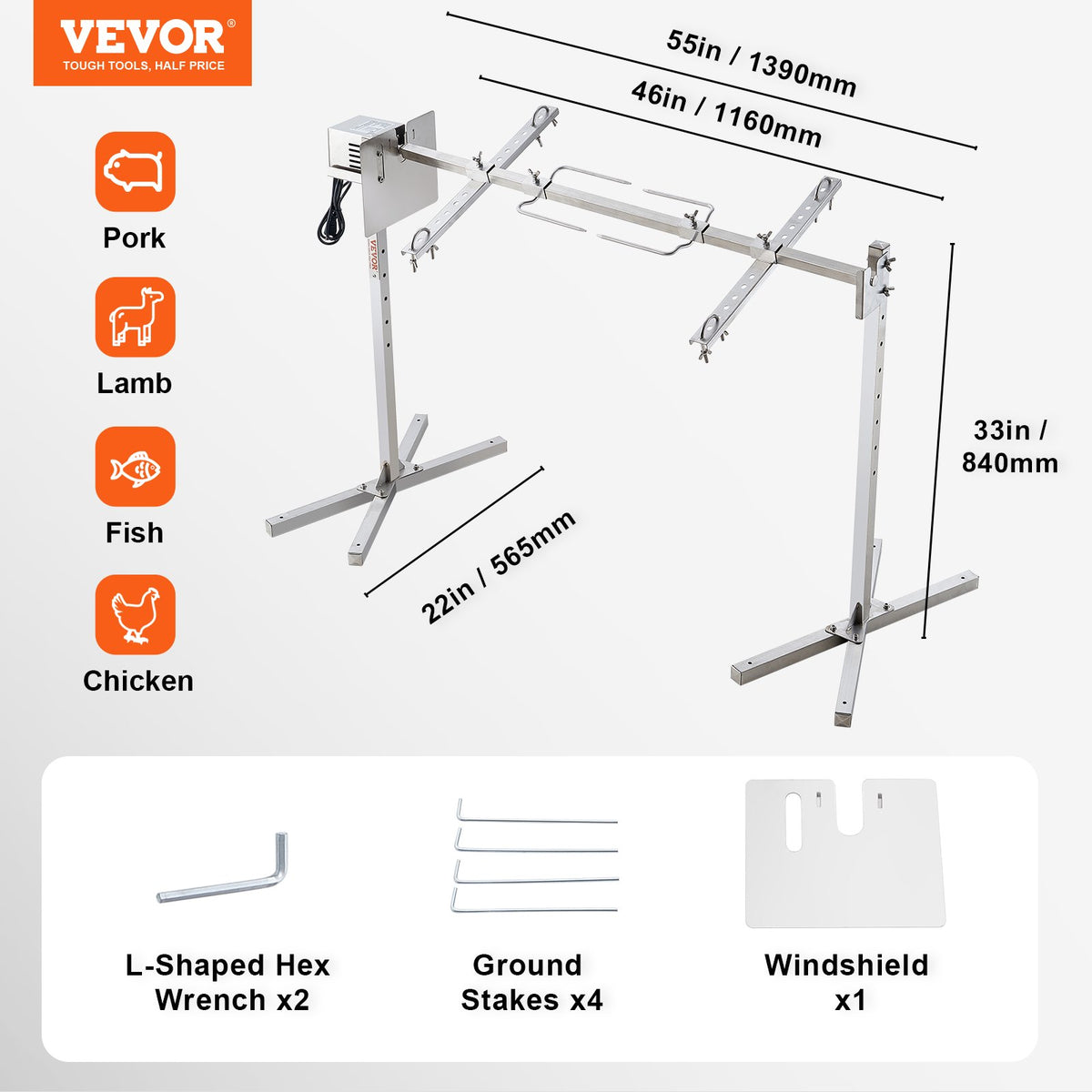 VEVOR Electric BBQ Rotisserie Grill Kit, 46 Inch 132 lbs Capacity, Automatic 52W Motor Height Adjustable Universal Roaster Stand, Stainless Steel Grilling Kit, Spit Rod with Heat Shield for Pig Lamb - DDXZKJ46INCHWG8VJV1 - view 8
